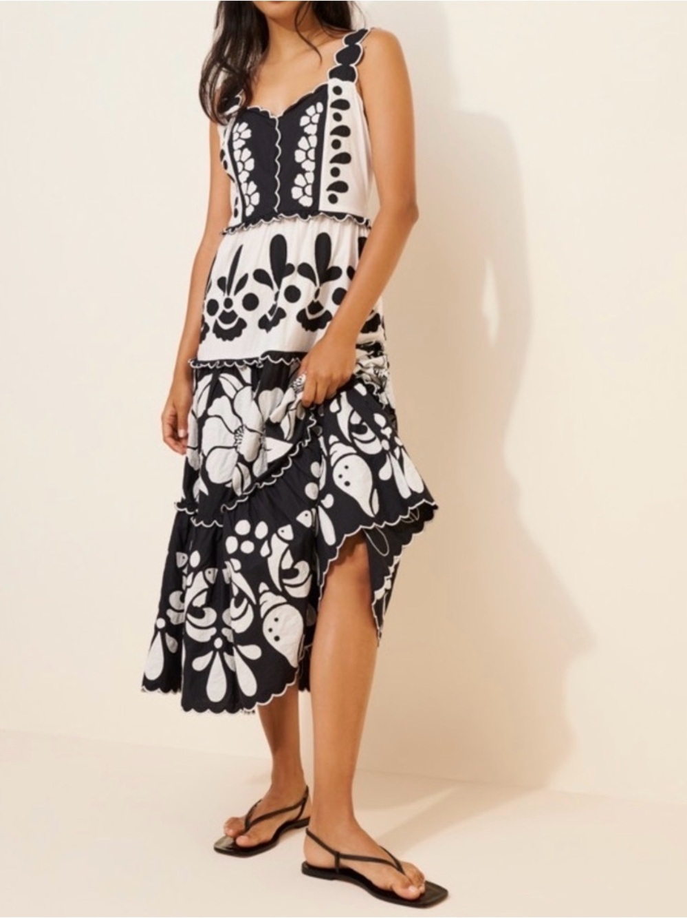 FARM Rio Black And White Summer Cutwork Organic Cotton Midi Dress